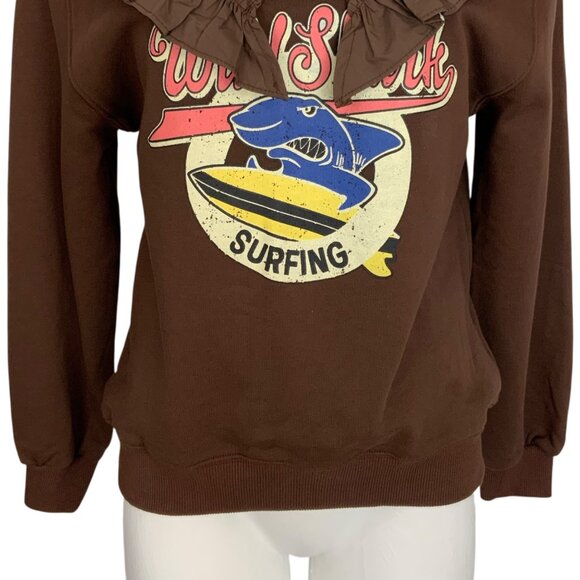 Wild Shark Surfing Sweatshirt By Panduola Studio S/M Brown Long Sleeve Upcycled - Picture 9 of 12